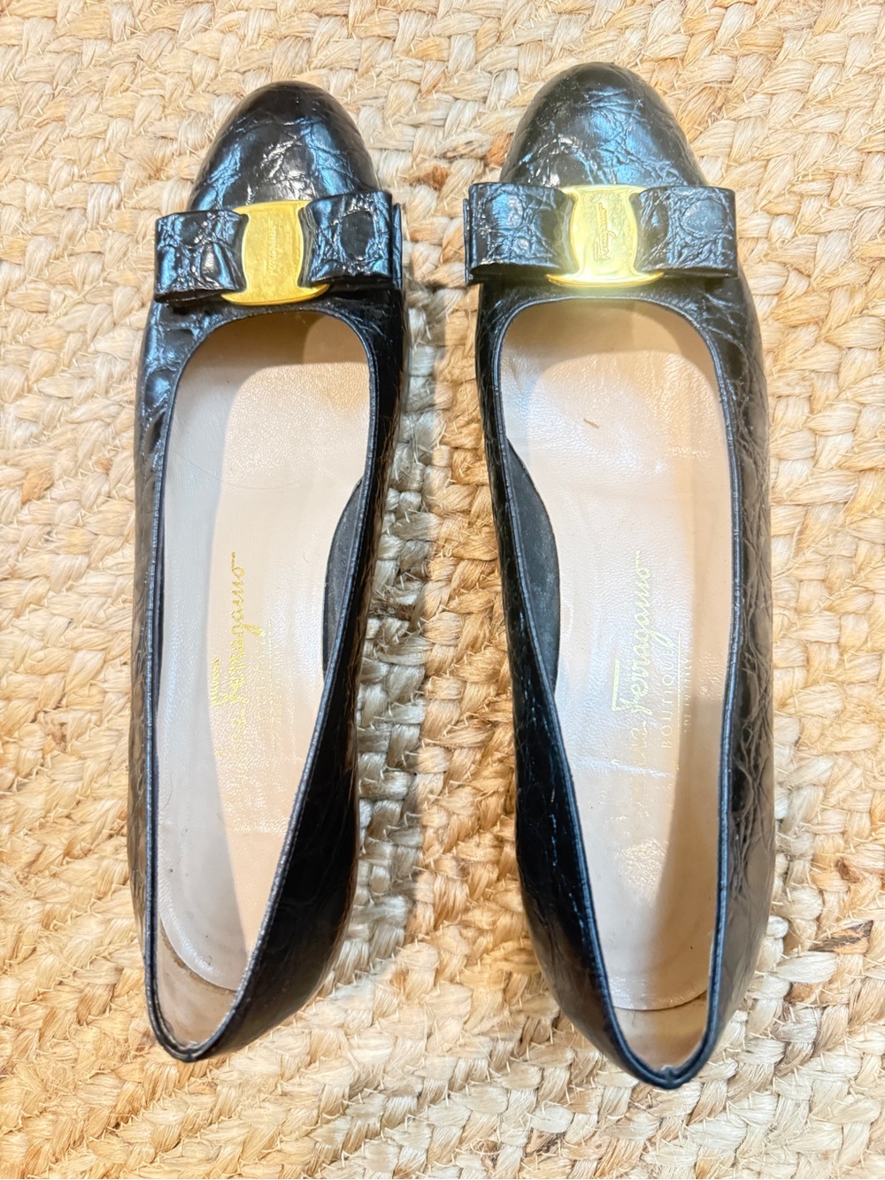 Salvatore Ferragamo Black Patent Vara Bow Flats with Gold Hardware